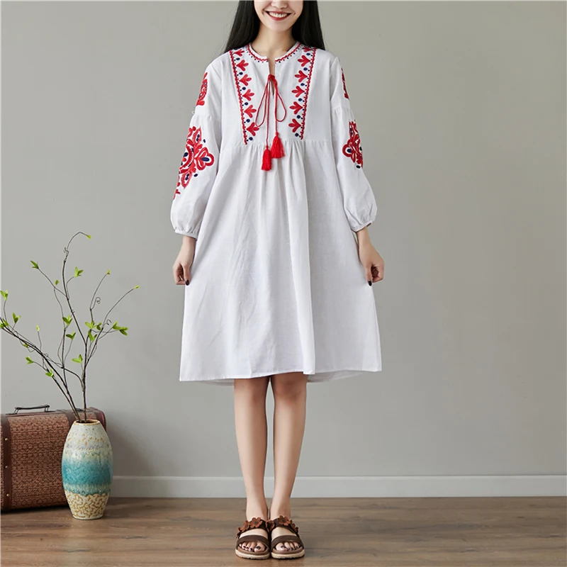 

Loose Summer Autumn Dress Cotton Linen Fashion Vintage Ethnic Embroidery Floral Plus Size Women Casual 2019 New Dresses