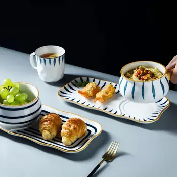 

2PCS/Set Japanese Style Creative Breakfast Tableware Set Household Ceramic Dishes And Plates With Handle Salad Bowl Bowl