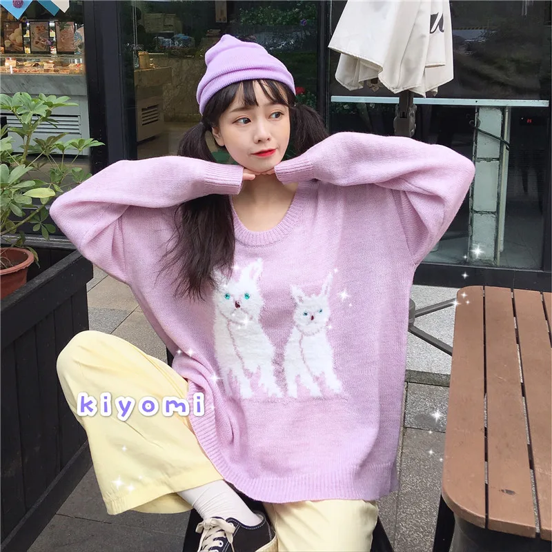 

Vintage Female Korean Harajuku Casual Loose Kitten Sweet Sweater Women's Sweaters Japanese Kawaii Ulzzang Clothing For Women
