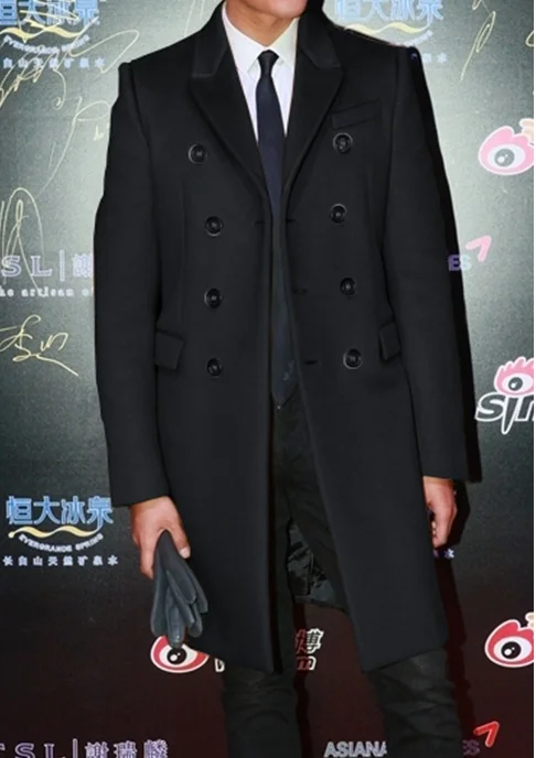 

Мужское шерстяное зимнее Новое тонкое двубортное шерстяное пальто средней длины со звездами