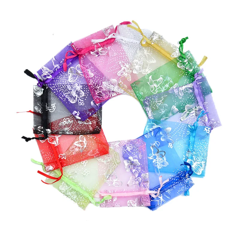 100pcs/lot Silver Butterfly Organza Bag Christmas Wedding Voile Gift Bag Jewelry Packing Drawstring Pouch Decoration Storage Bag
