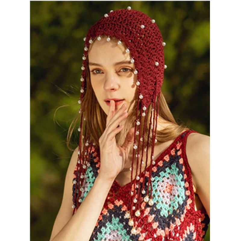 

Women knitted hat spring summer handmade hollow beanie cap ethnic style retro hat tassel princess cap