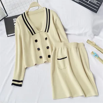 

2020 New Autumn Winter Knitted 2 Piece Set Women Skirt And Top Korean Elegant Knitted Sweater Skirts Suits