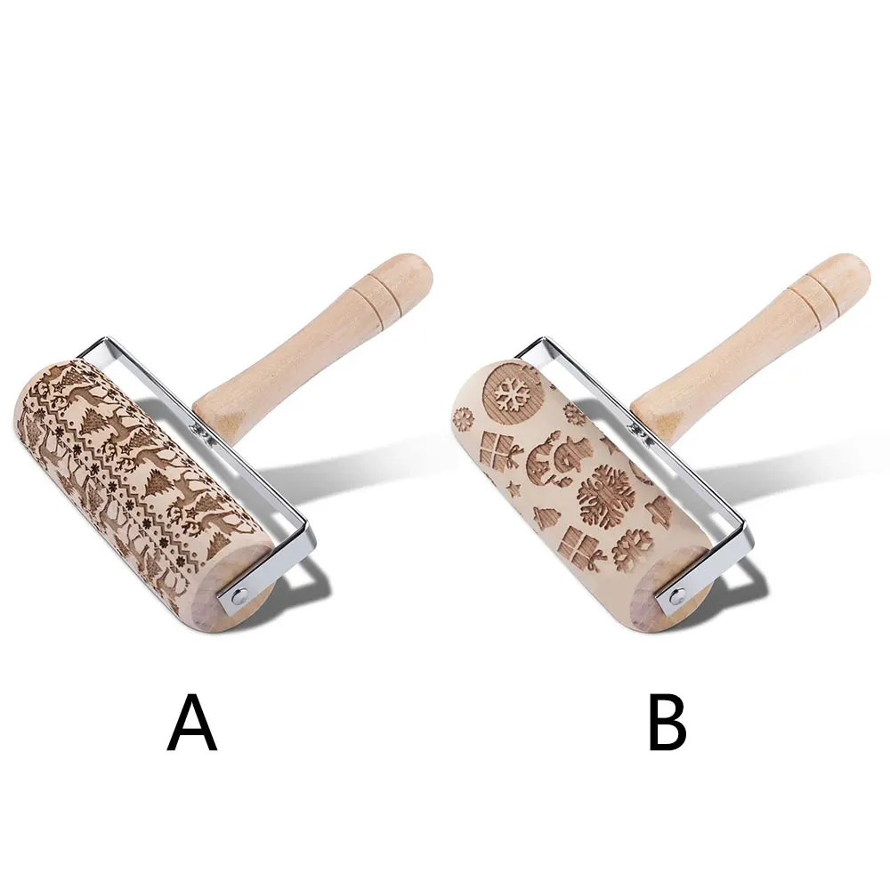 Embossing Rolling Pin Wooden Rolling Pin Creative Drum Type Elk Christmas Wood Embossed Party Rolling Pin Pastry Tools Biscuits