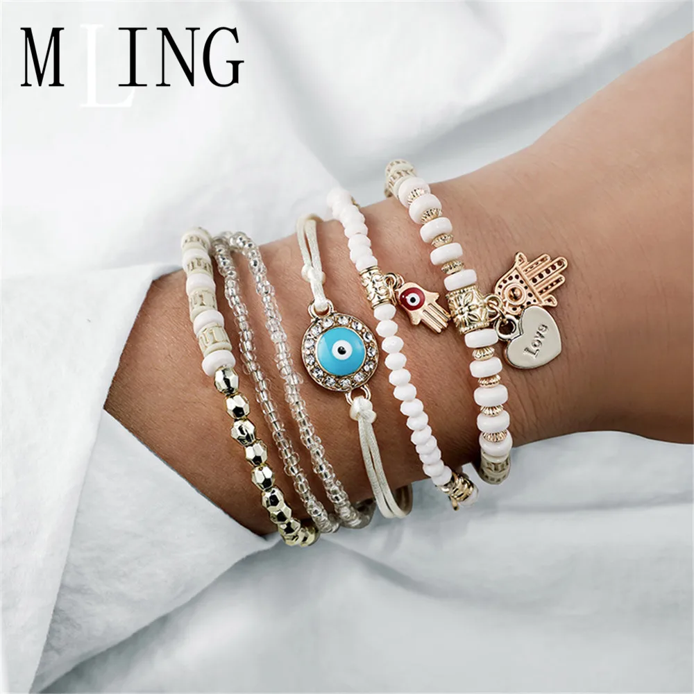 

MLING 6 Pcs/Set Vintage Multi-layer Beads Letter Bracelet Bohemian Heart Devil's Eye Hand Of Fatima Charm Bracelet For Women
