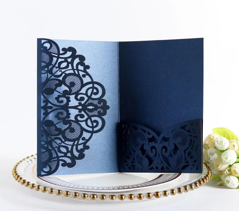  10pcs Blue Sample European Laser Cut Wedding Invitations Card Tri-Fold Lace Business Greeting Cards - 4000256936101