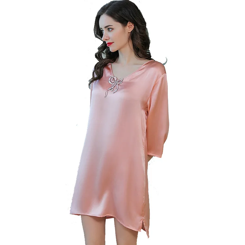 

S55149 Nightdress Female Summer Sweet Sexy Loose Half-Sleeve Shirt High-End Silk Sleepwear 100% Silk Leisure Tops
