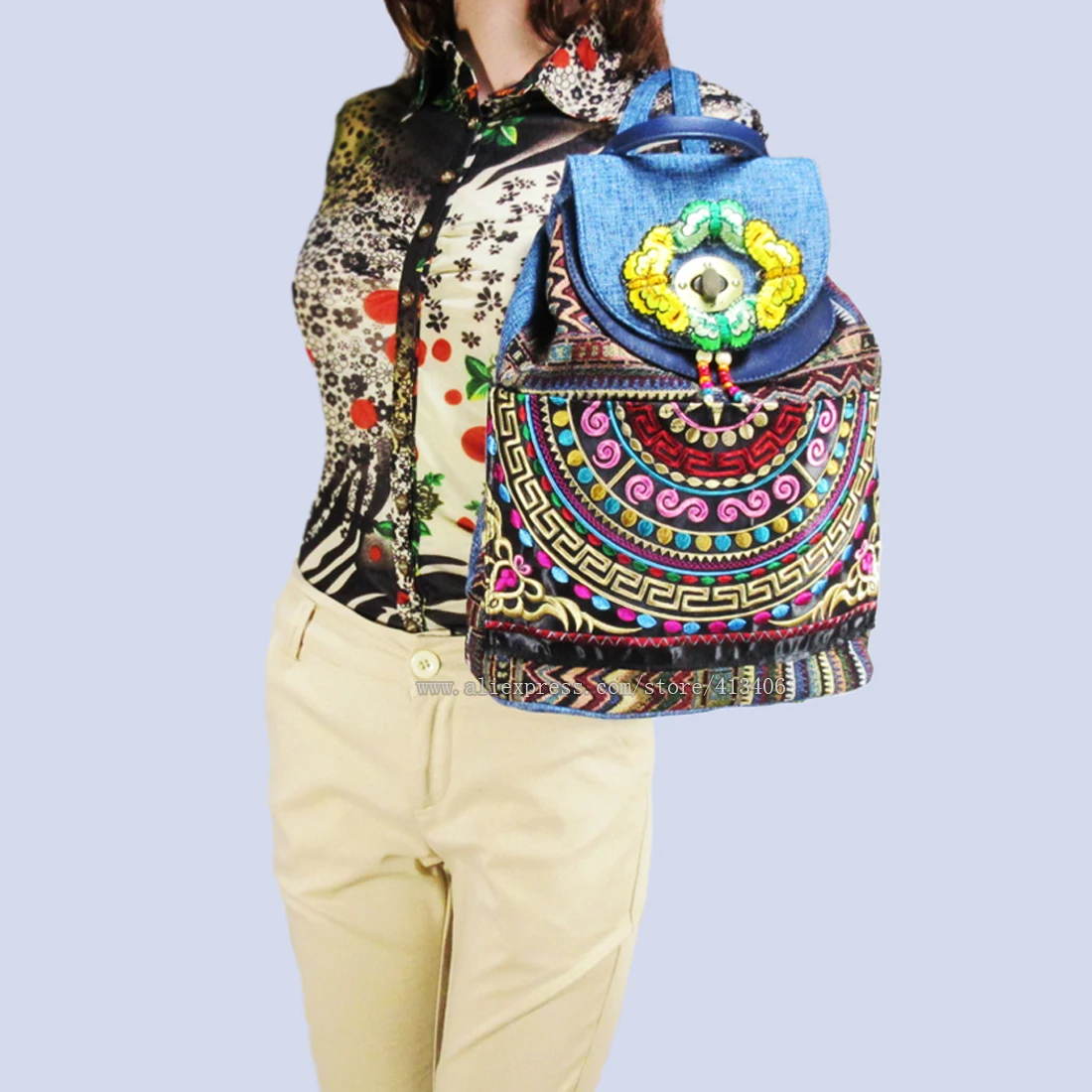 

Tribal Vintage Hippie Colorful Travel Backpack Bag For Women Embroidery Pom Charm Hmong Ethnic Bohemian Boho Rucksack SYS-579