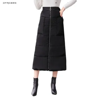 

3XL 4XL Elastic Waist Plus Size Down Cotton Women Maxi Skirt With Pocket 2019 Winter Warm Ladies Pencil Skirt Femme Saias Longa