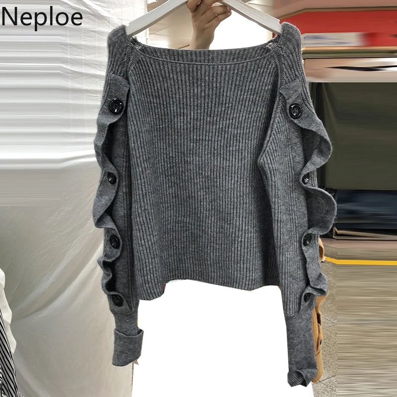 Neploe Ins, сексуальный дизайнерский свитер без бретелек на плечах, с вырезом-лодочкой, с круглым вырезом, с длинным рукавом, со складками, на пуговицах, однотонный пуловер, зимний