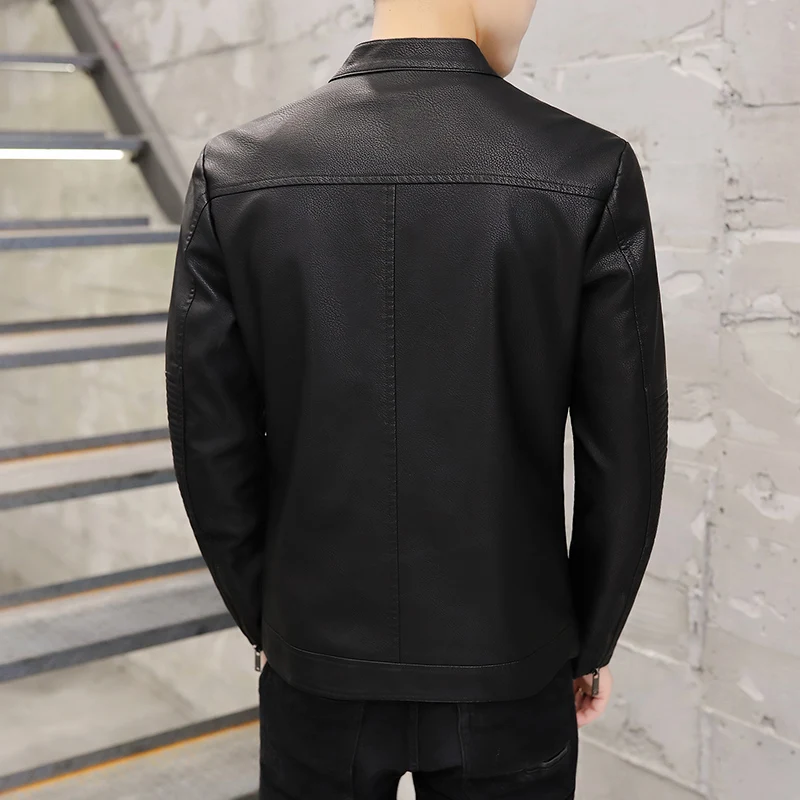  Autumn Winter Plus Velvet Faux Leather Jacket Men Motorcycle Coats Size XXL XXXL Pure Color Slim Fi