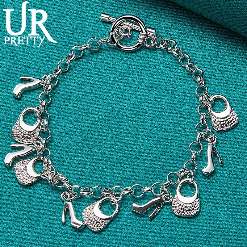 

URPRETTY 925 Sterling Silver Bag High-Heeled Shoes Chain Bracelet For Man Women Wedding Engagement Charm Party Jewelry