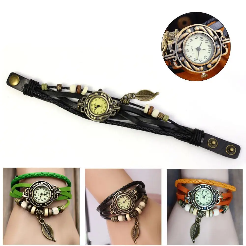 Womens Fashion Handmade Leather Multilayer Strap Bracelet Leaf Decor Quartz Round Dial Hippie Bohemian Black Wrist Watches | Наручные