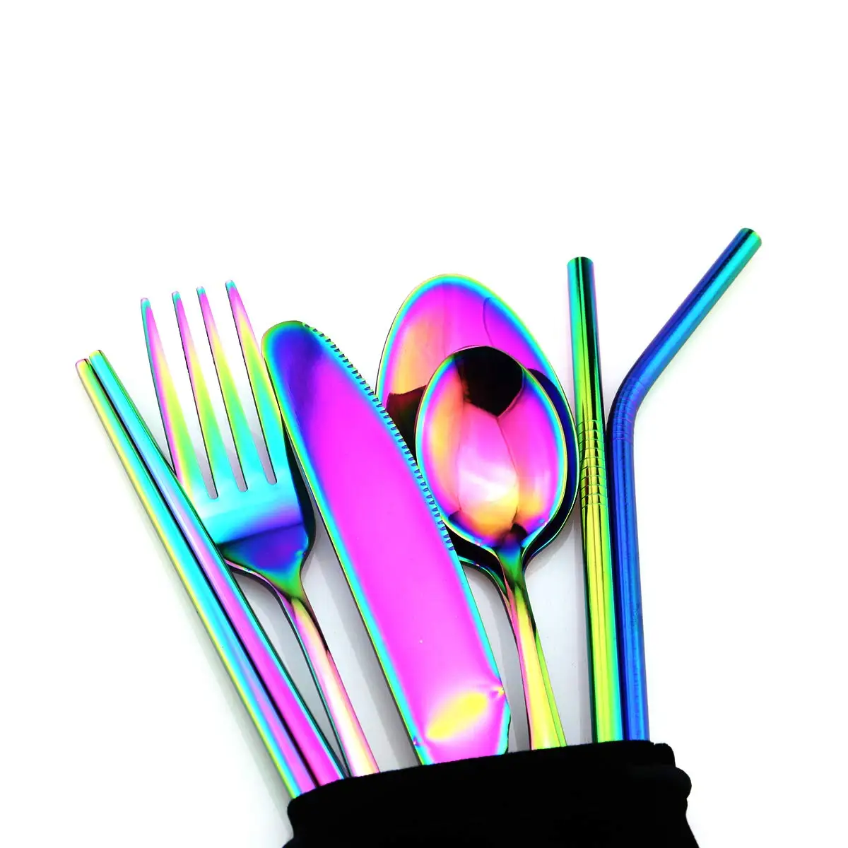 Portable Stainless Steel Dinnerware Set 18/10 Spoon Fork Chopsticks Straw Travel Camping Cutlery Pouch 8pcs/set Cutlery set Western style cutlery set Picnic cutlery set Stainless steel cutlery set Camping cutlery set