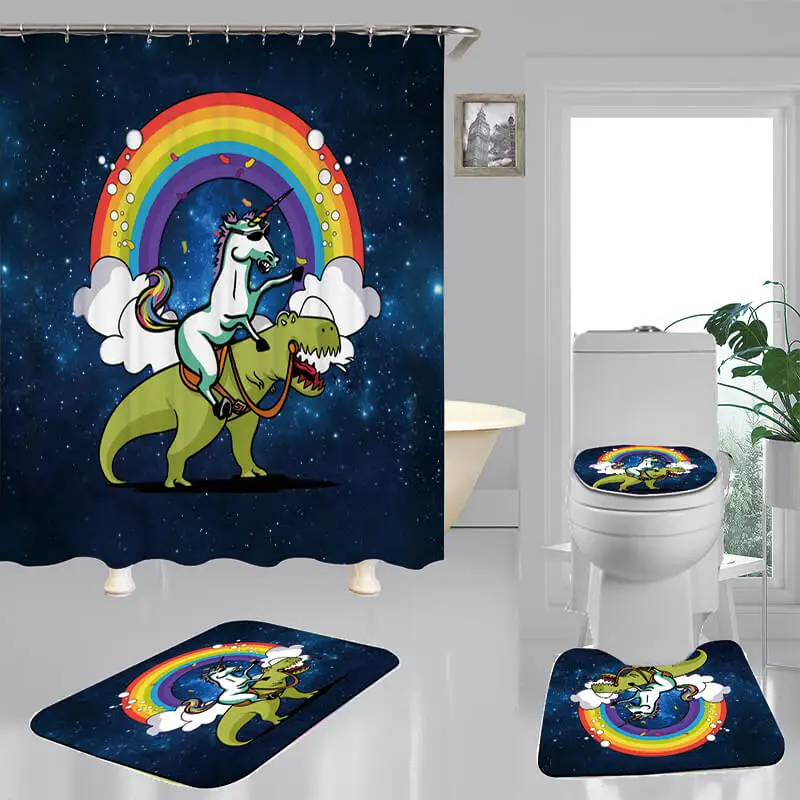 

Galaxy Rainbow Polyester Fabric Shower Curtain Non-Slip Bath Mat Toilet Cover Rugs Unicorn Dinosaur Bathroom Decor Set