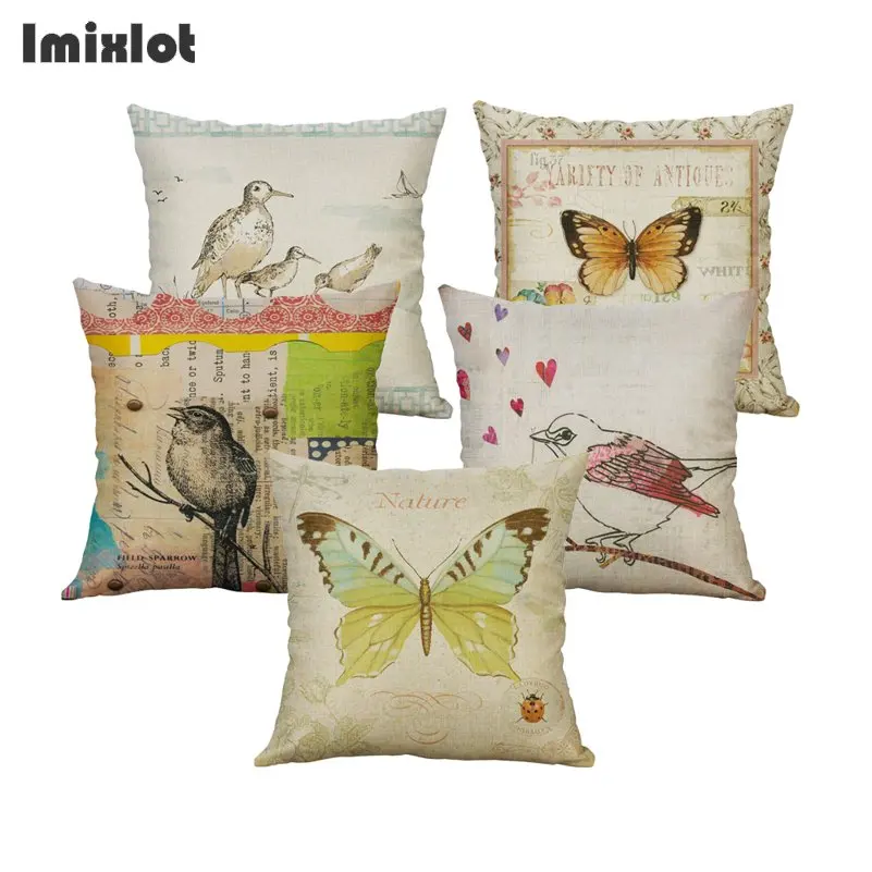 

Cute Bird Cushion Coves Cotton Linen Bee Butterfly Printed Throw Pillow Pillowcase for Home Decor Sofa Chair Bedroom Decorative