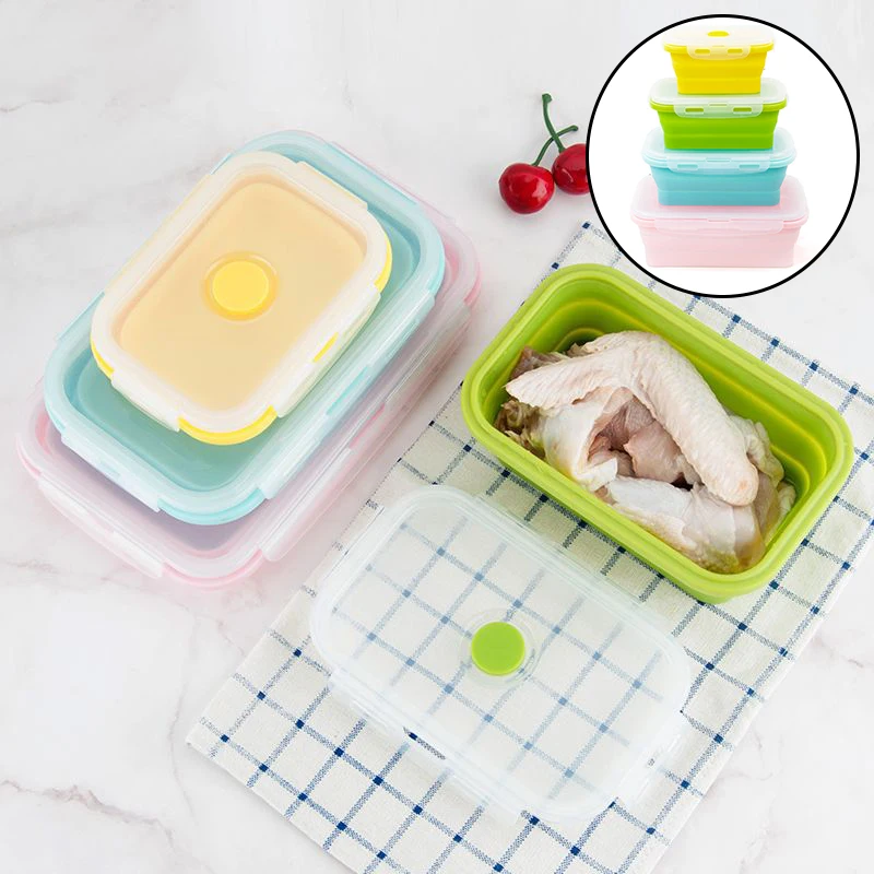 

4pcs Lunch Box Set Collapsible Food Snack Fridge Storage Silicone Container For Travel Students Office Worker