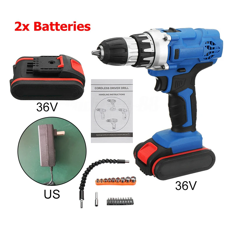 

36V Electric Cordless Drill Screwdriver LED 2-Speed 2Pcs Li-Ion Battery Tool Set 100-240V AC Electric drilling