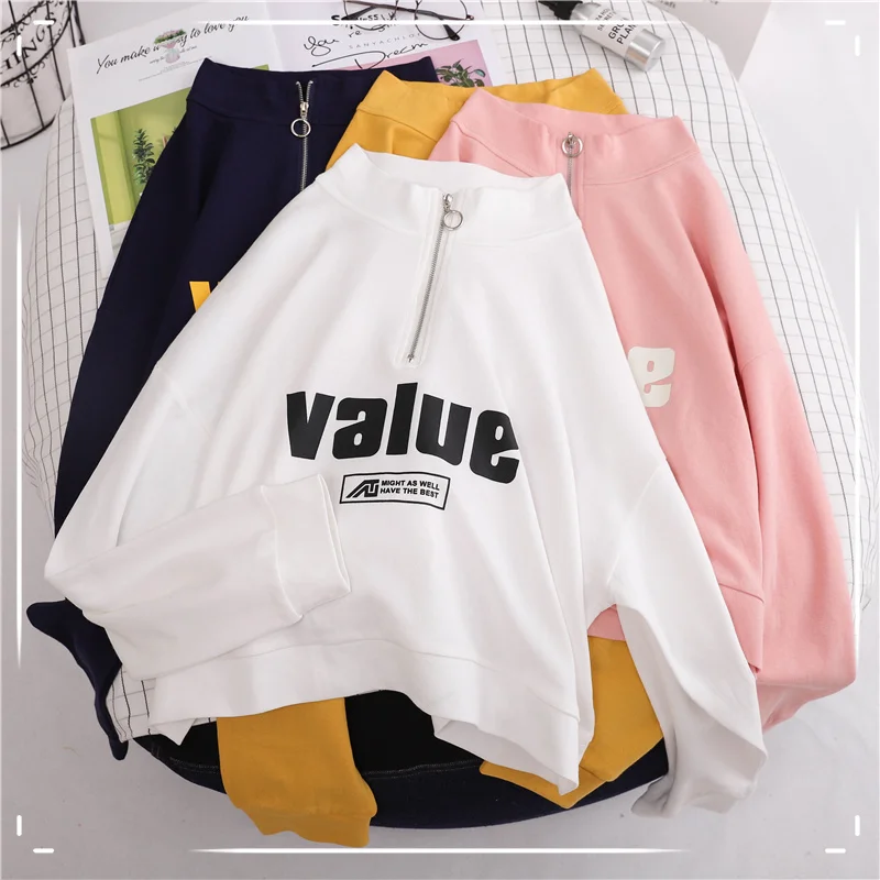 Толстовки женские с воротником-стойкой универсальные корейский стиль Harajuku толстые теплые студенческие короткие стильные пуловеры для отдыха на молнии с буквами