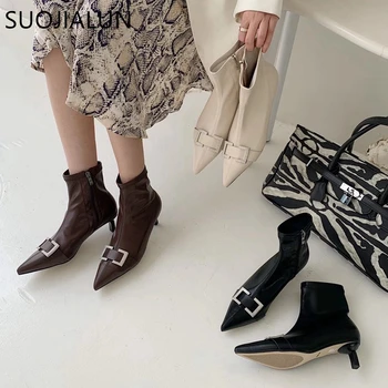 

SUOJIALUN Fashion Brand Bling Crystal Women Ankle Boots Low Thin Heel Pumps Boot Pointed Toe Zipper Short Chelsea Boots Shoes