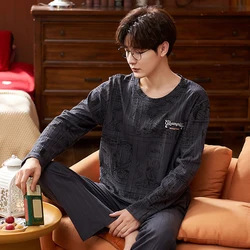 Men Cute Pajama Comics Cartoon Print Designer Sleepwear Set Long Sleeve Sleep Tops Stripe Cotten Plus Size 2pcs Boys Home Wear