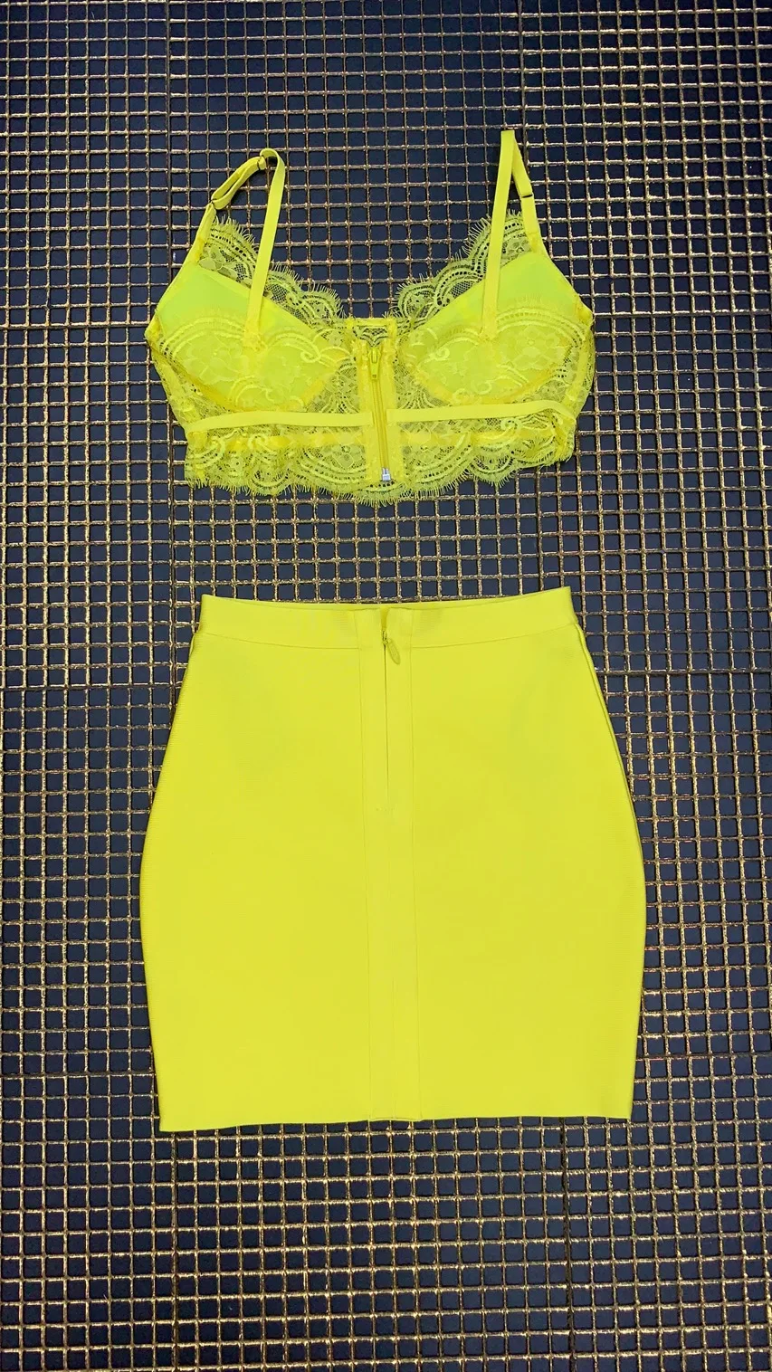 Высокое качество Желтый комплект из двух предметов сексуальное вискозное Бандажное платье Клубные вечерние платья