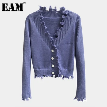 

[EAM] Purple Button Irregular Knitting Cardigan Sweater Loose Fit V-Neck Long Sleeve Women New Fashion Autumn Winter 2020 1DA539
