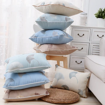 

plain color cotton linen ginkgo embroidered cushion cover sofa rectangular lumbar pillowcase waist pillow cover