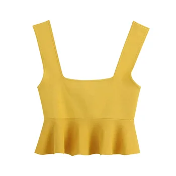 

Klacwaya 2020 Fashion Ruffled Short Knitted Pink Yellow Strap Blouses Women Sweet Vintage Chic Square Collar Sleeveless Tops