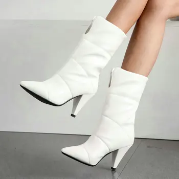 

Winter Warm Women Boots Fashion Spike Heel Pointed Toe Women Snow Boots Slip on Women Lazy Shoes Black White Khaki