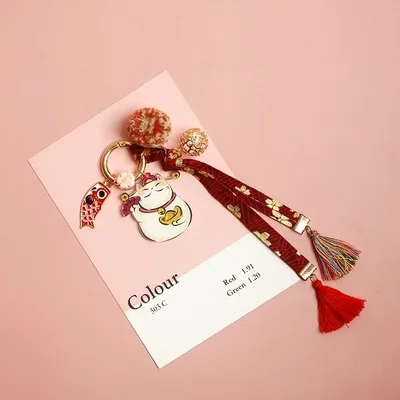 Милый мультфильм японская ткань художественная вышивка Счастливый Кот брелок для женщин сумка Школьный кулон украшение