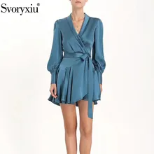 Svoryxiu дизайнерский шелк класса "люкс" Голубое Платье женское элегантное платье с рукавами-фонариками на груди, с v-образным вырезом, Сексуальные вечерние мини-платья