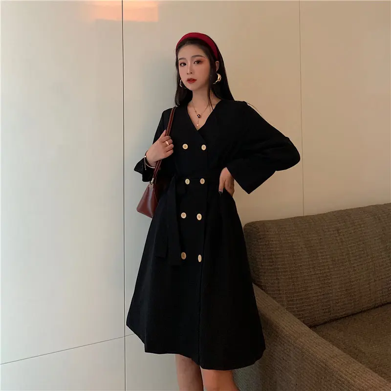 

Alien Kitty Gentle Casual Lace-Up Women Chic Sweet Double-Breasted Sexy V-Neck Autumn All-Match Loose Stylish A-Line Dresses