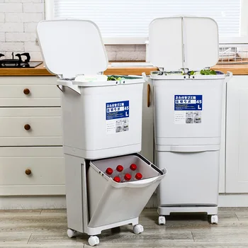 

Kitchen Trash Can Recycle Bin Sorting Trash Bin Household Dry And Wet Separation Waste Bin Classification Rubbish Bin with wheel