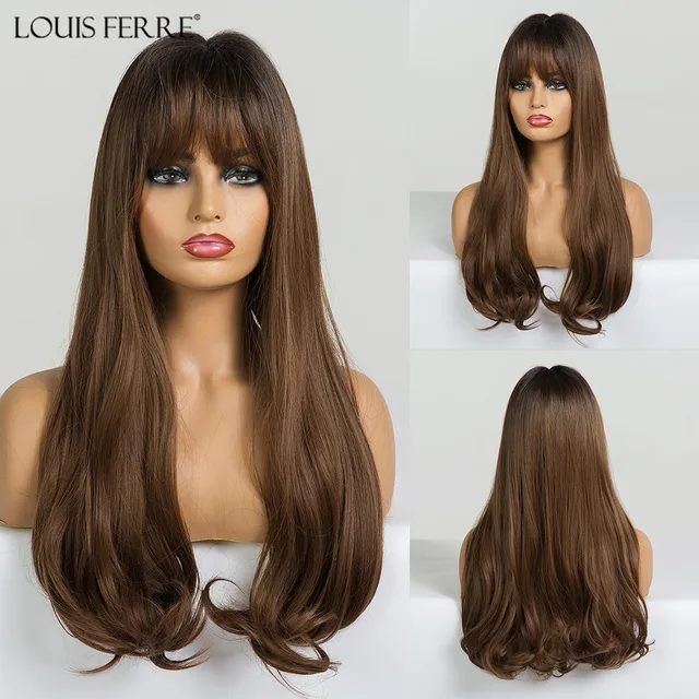 LOUIS FERRE Highlight Colored Wig for Women Long Wave Brown Blonde Ombre Bob Hair Wig with Bangs Daily Heat Resistant Fibre wig lc368-2