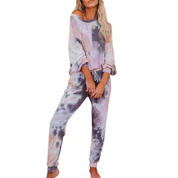 

2020 Autumn Pajamas Womens Sets Fashion Long Sleeve Top High Waist Drawing Straps Elastic Long Pants Tie Dye Patterns 2Pcs Sets