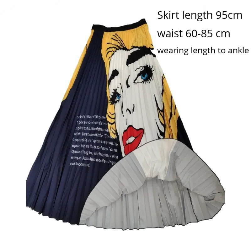 

Fashion Women Vintage Print Skirt Elastic High Waisted Long Skirt Cartoon Pleated Skirts Active Wear Fashion Party Maxi Skirts