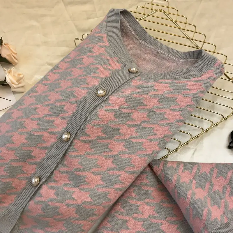 ALPHALMODA/женские кардиганы и юбки, модный вязаный комплект из 2 предметов с рисунком «гусиная лапка», свитер с длинными рукавами, мини-юбка, комплект из 2 предметов