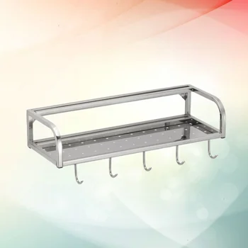 

1 Set Stainless Steel Kitchen Storage Rack with 5 Hooks Wall-mounted Knife Holder Spices Seasoning Shelf Cookware Organizer (Sil
