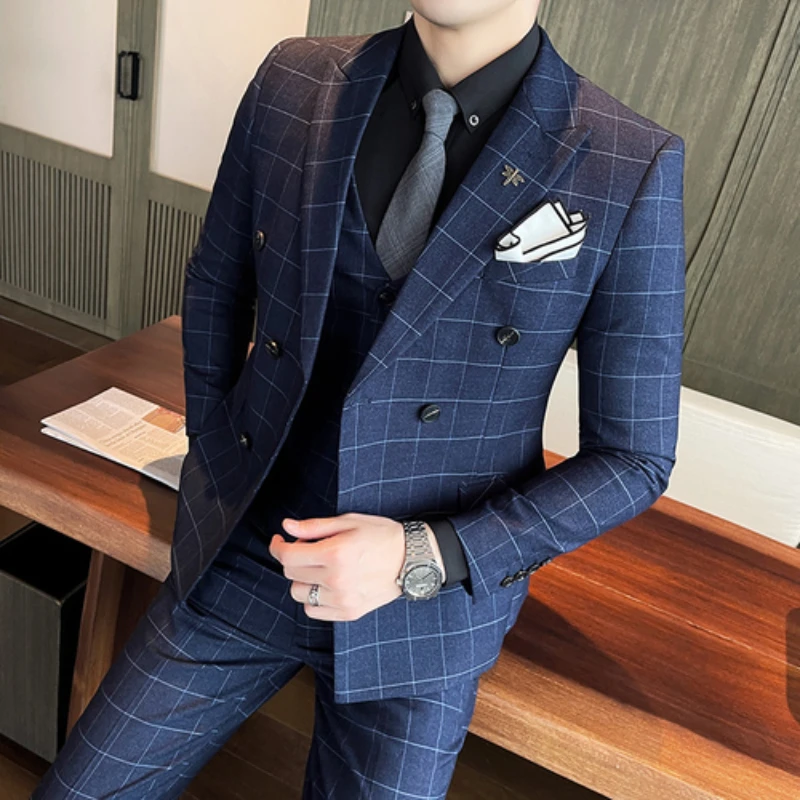 Latest Casual Plaid Men Suit 2021 Slim Fit Double Breasted 3 Pieces Formal Business Men's Set Costume Homme (Blazer+Vest+Pants)
