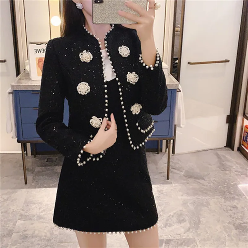 

Women's Two Piece Set 2023 Autumn Winter Runway Clothes Elegant Black Crop Top Pearl Beaded Tweed Jacket + Mini Skirt Suit Set