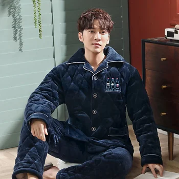 

Winter Thick Warm Men's Clip Cotton Pajamas Set Long Sleeve Turn-down Mens Pijama Casual Soft Plus Size Male Sleepwear Homewear