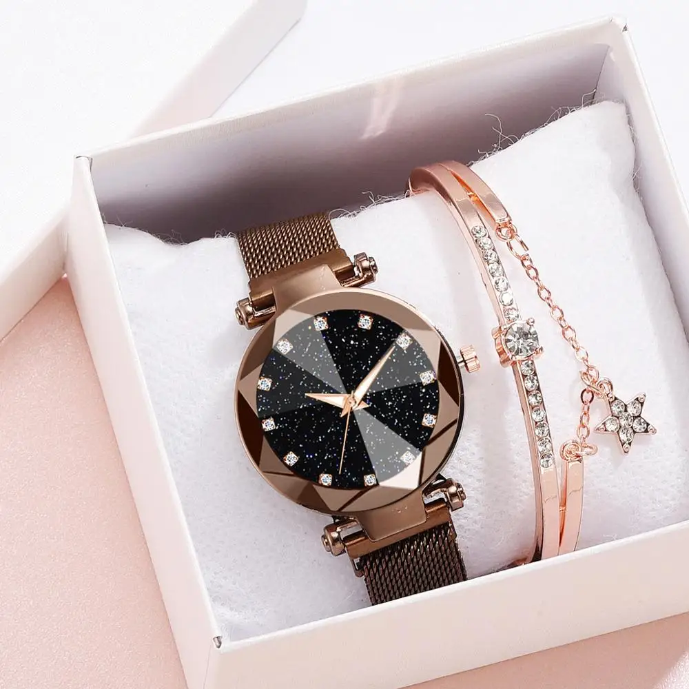 Роскошные женские наручные часы, модные женские часы, розовое золото, звездное небо, наручные часы с магнитной пряжкой, Подарочные часы, Relogio Zegarek Damski - Цвет: Brown and bracelet