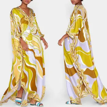 

GETSPRING Women Dress V-Neck Batwing Sleeve Split Print Dresses Plus Size Loose Vintage Long Print Dresses 2020 New Fashion Sexy