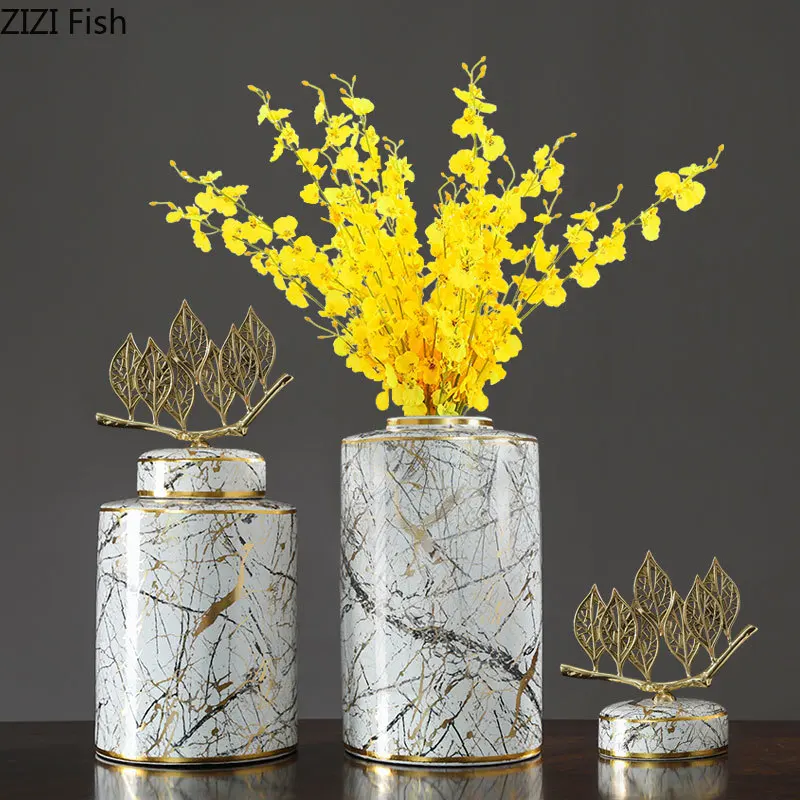 

Creative Nordic Gold copper leaf Marble ceramics vase Decorative ornaments With lid Flower arrangement Modern home decoration
