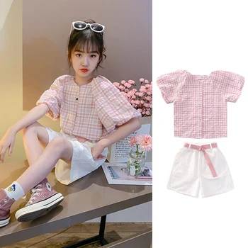 

Sets Teen Clothes 2020 Summer Two-Pieces Suit Plaid Puff Sleeve Shirt Top + Shorts with Belt 4-14Y Children Girls Fashion Outfit