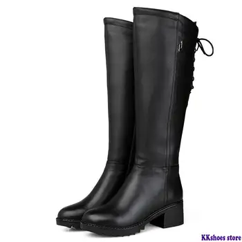 

Russia 2020 Genuine leather boots fur fashion knee high boots women warm Natural wool boots round toe winter snow boots