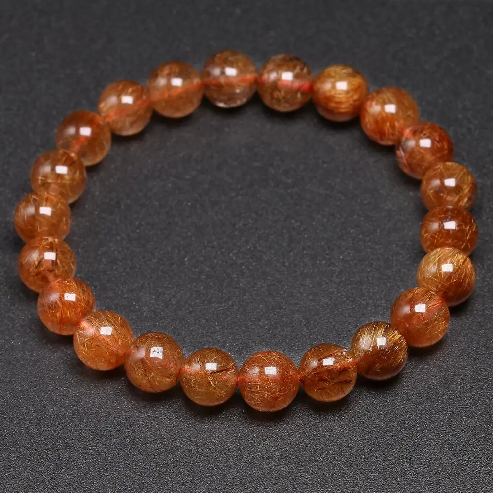 AAA Natural Red Copper Rutilated Quartz Bracelet Smooth Round Beaded Bracelets Women Men Gem Fine Jewelry