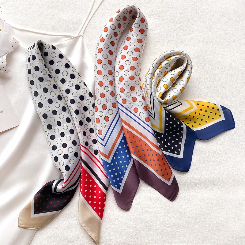 

2022 Small Square Satin Silk Scarf Shawl For Ladies Choice Dots Striped Printing Elegant Women's Handkerchiefs Thin Travel Scarf