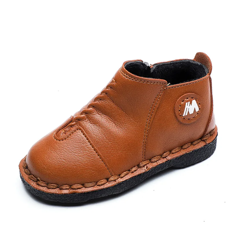 Ботинки; кожаная обувь для девочек; зимние ботинки; обувь для мальчиков; Повседневная кашемировая обувь с хлопчатобумажными стельками; ботильоны; детские короткие ботинки - Цвет: Brown-velvet